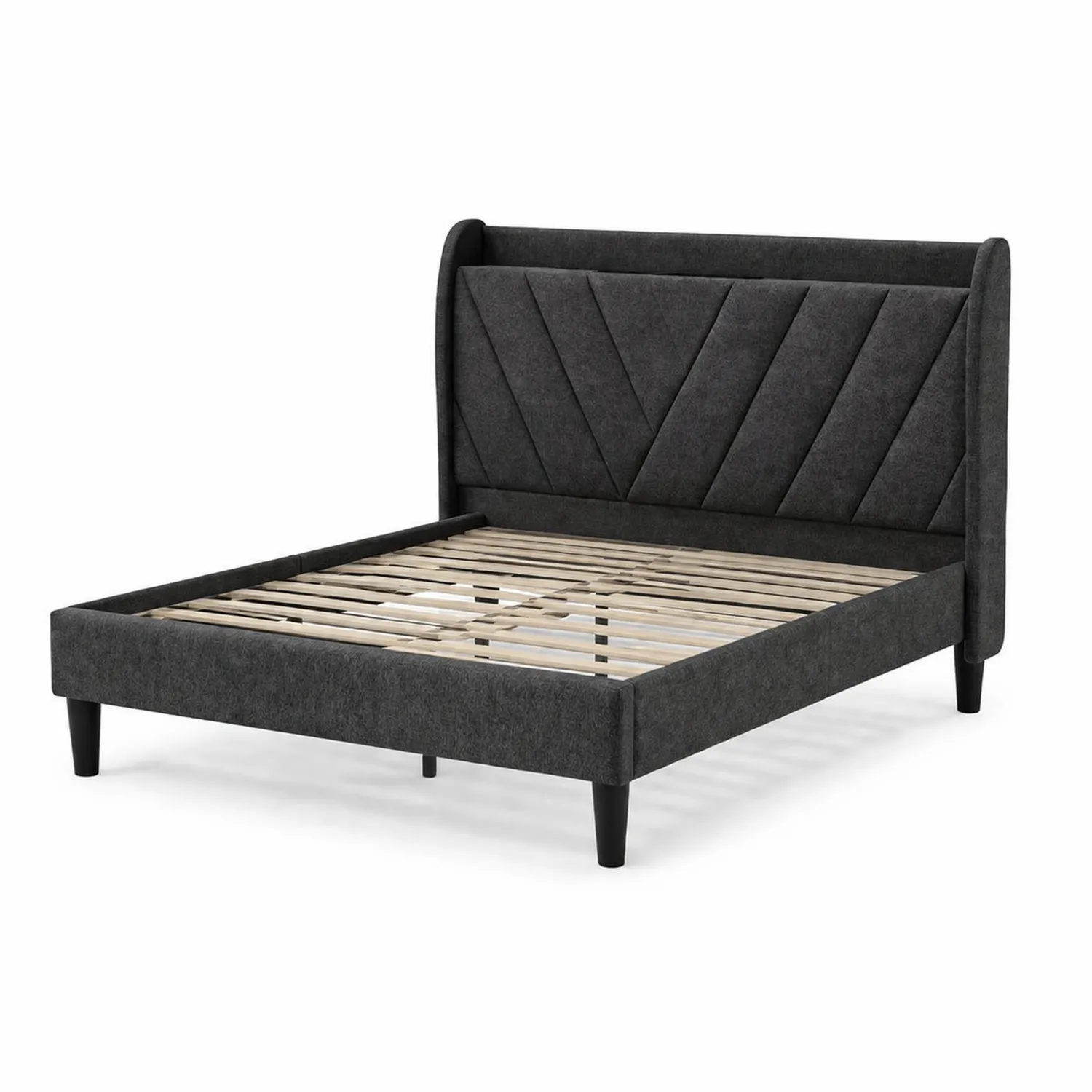 Lit double en tissu polyester gris avec lattes en bois-Mavtrivaris