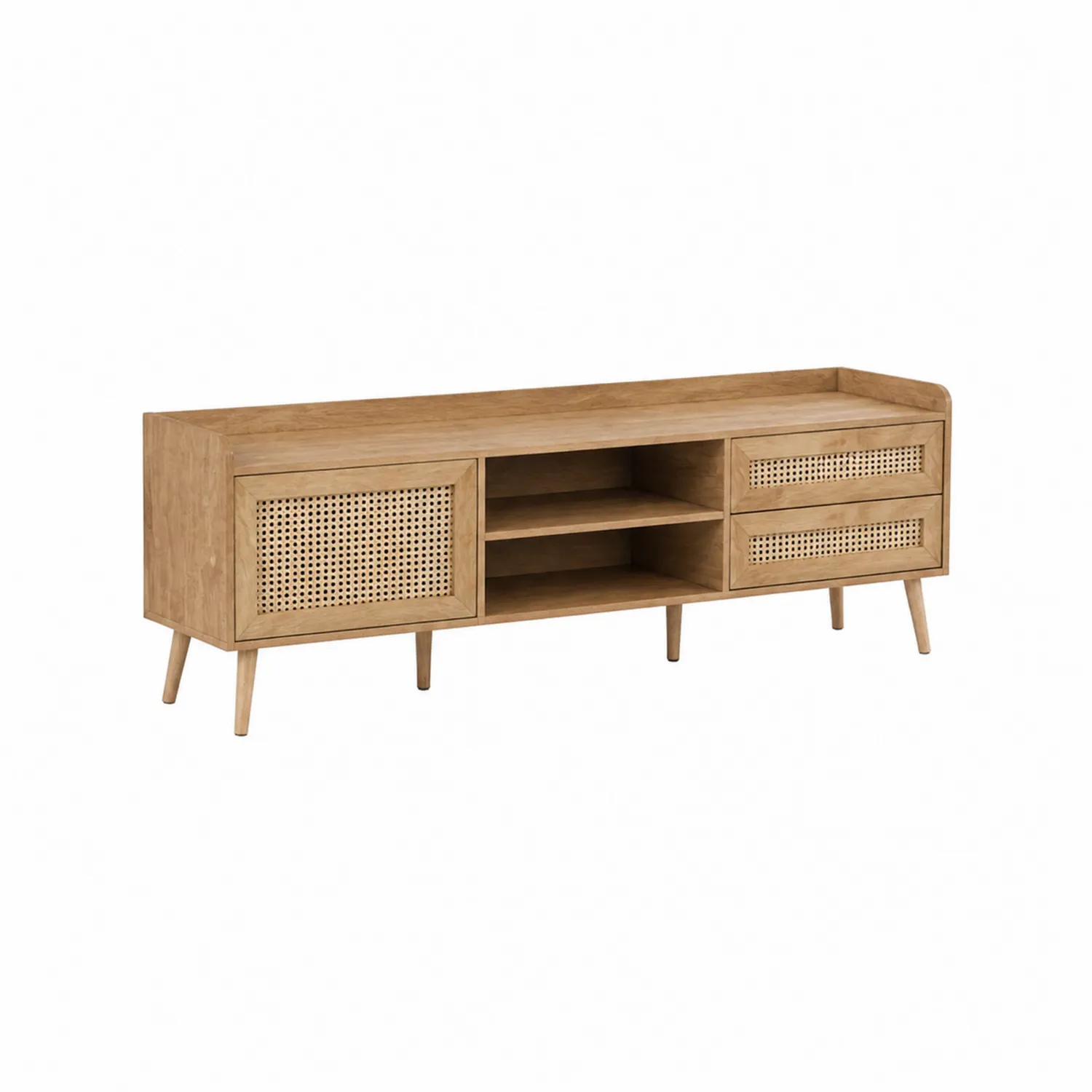 Meuble TV bois avec tiroirs et porte en rotin 150x40x50 cm-Mavtrivaris
