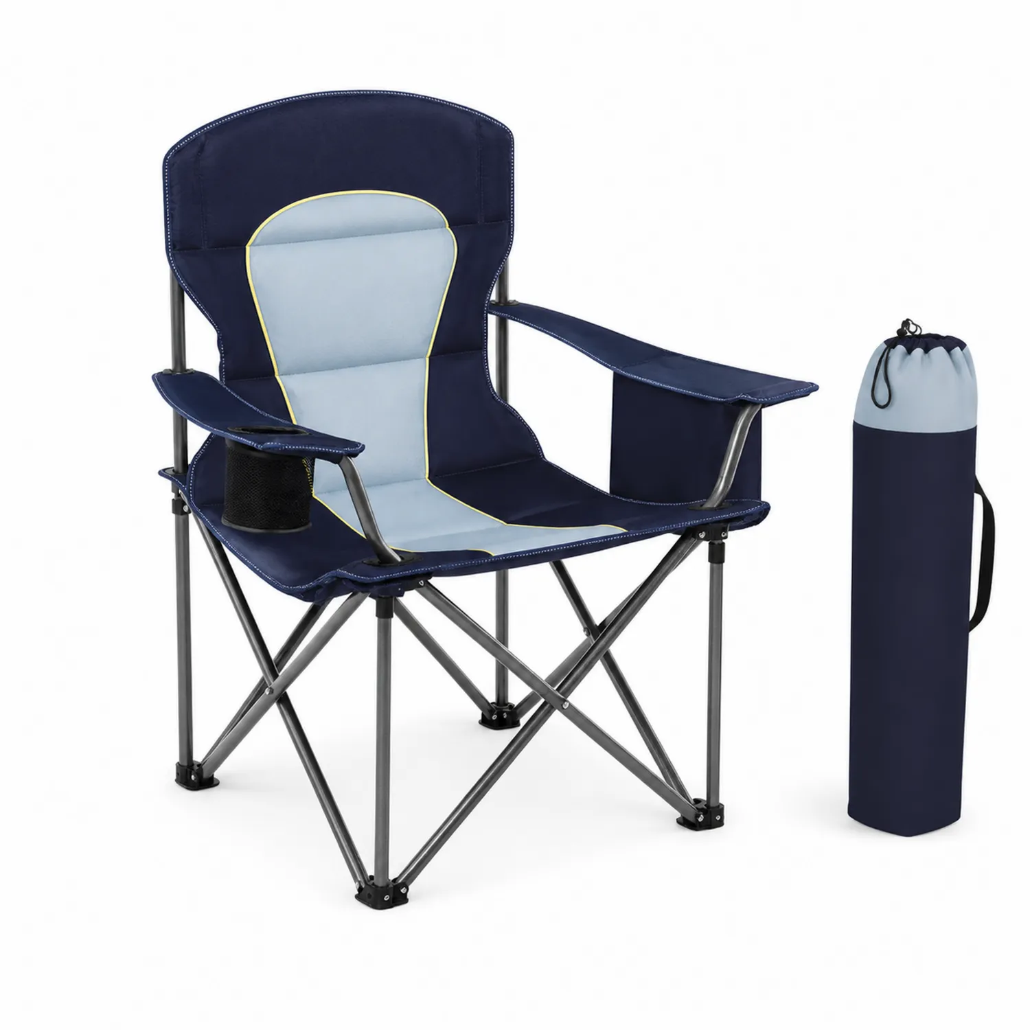 Chaise pliante extérieure avec accoudoirs et porte-gobelet en acier et polyester bleu marine et bleu clair-Mavtrivaris