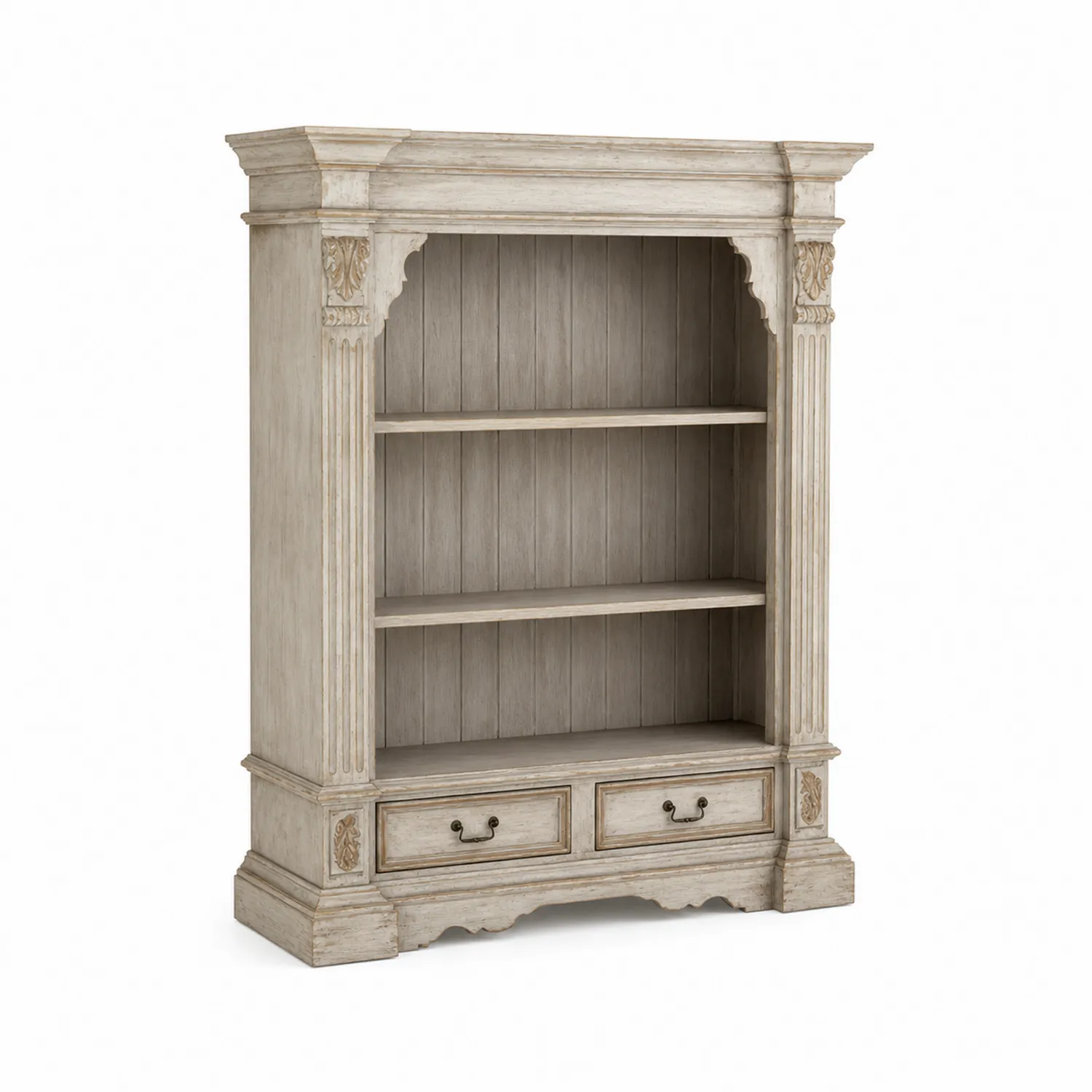Bibliothèque en bois massif beige avec 3 étagères et 2 tiroirs-Mavtrivaris