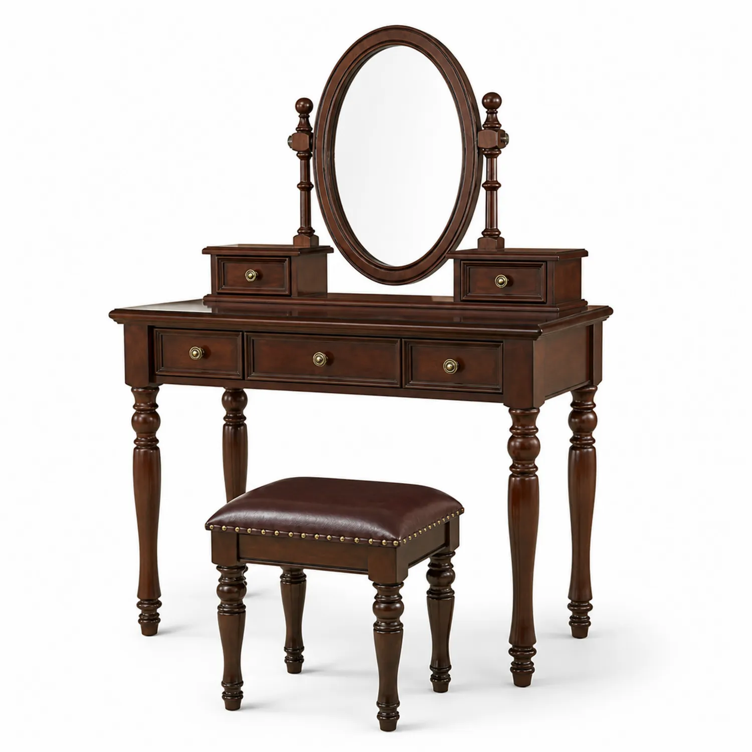 Coiffeuse en bois avec miroir ovale et tabouret marron-Mavtrivaris