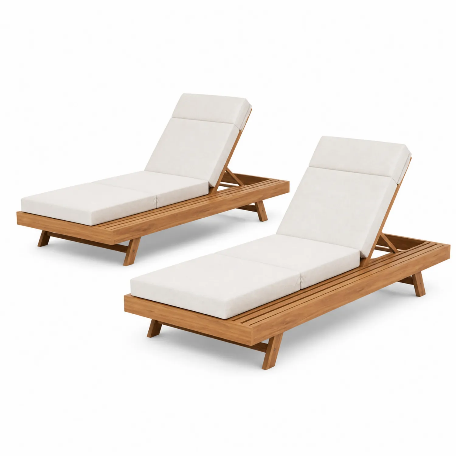 Chaises longues en teck avec coussins en polyester blanc, Lot de 2-Mavtrivaris