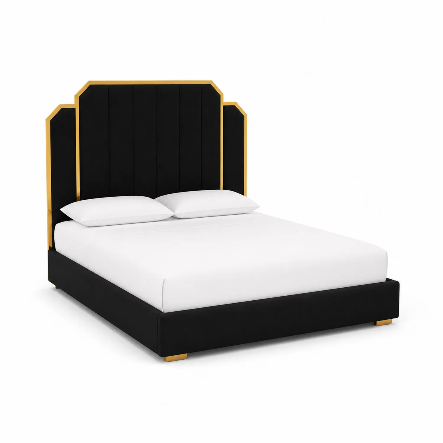 Lit double en velours noir et doré avec tête de lit géométrique-Mavtrivaris