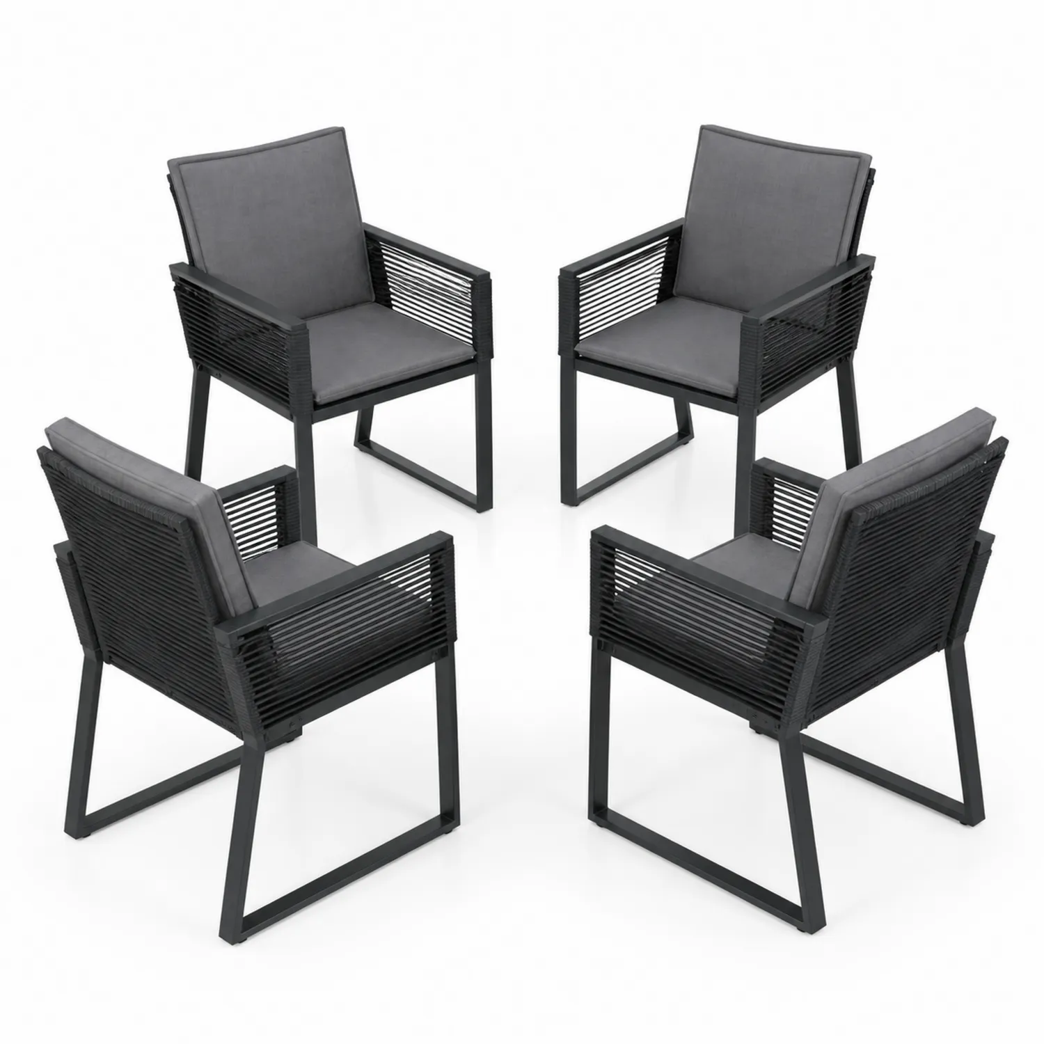 Chaises de jardin en métal et corde avec coussins gris, lot de 4-Mavtrivaris