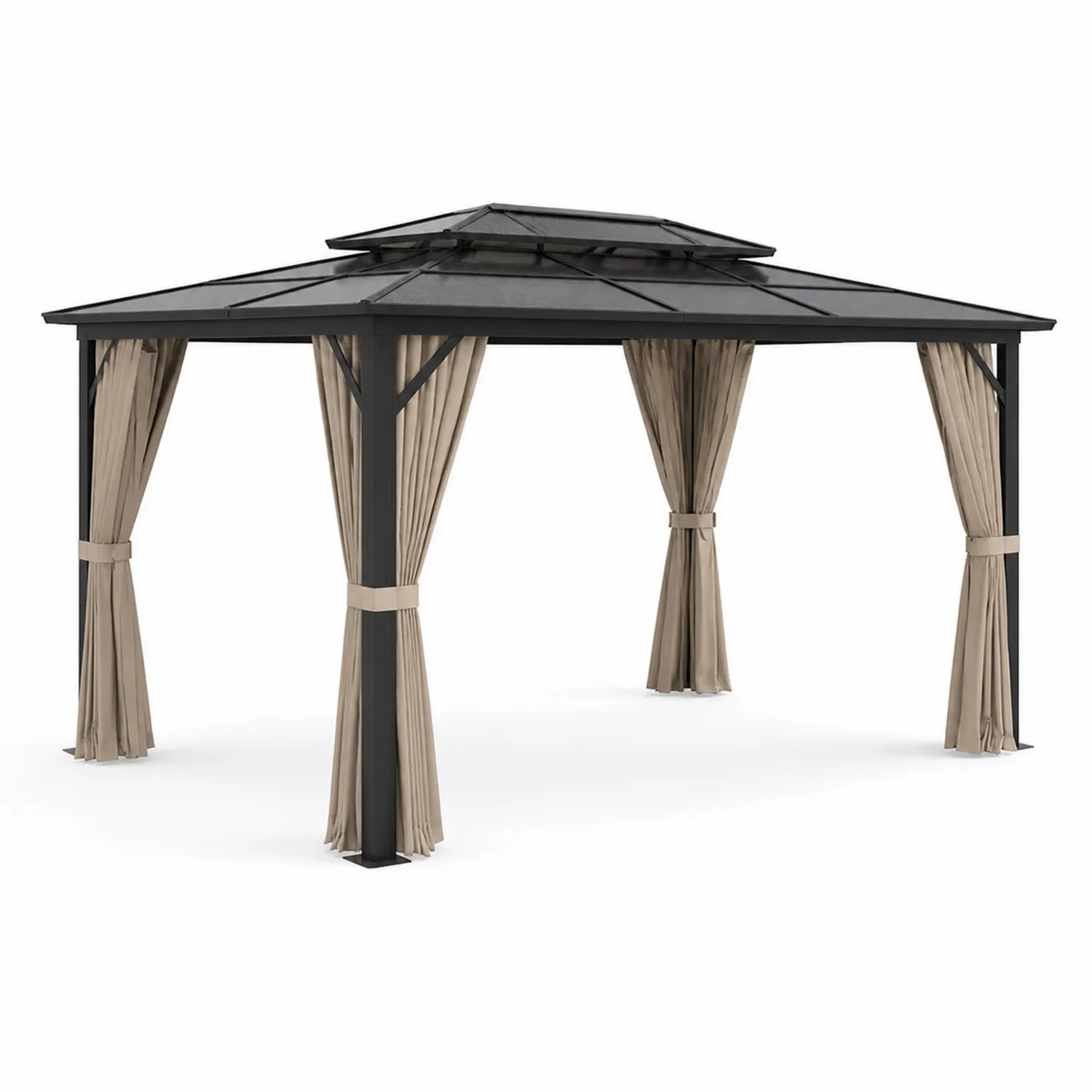 Pavillon de Jardin en Aluminium et Polycarbonate Noir avec Rideaux en Polyester Beige-Mavtrivaris