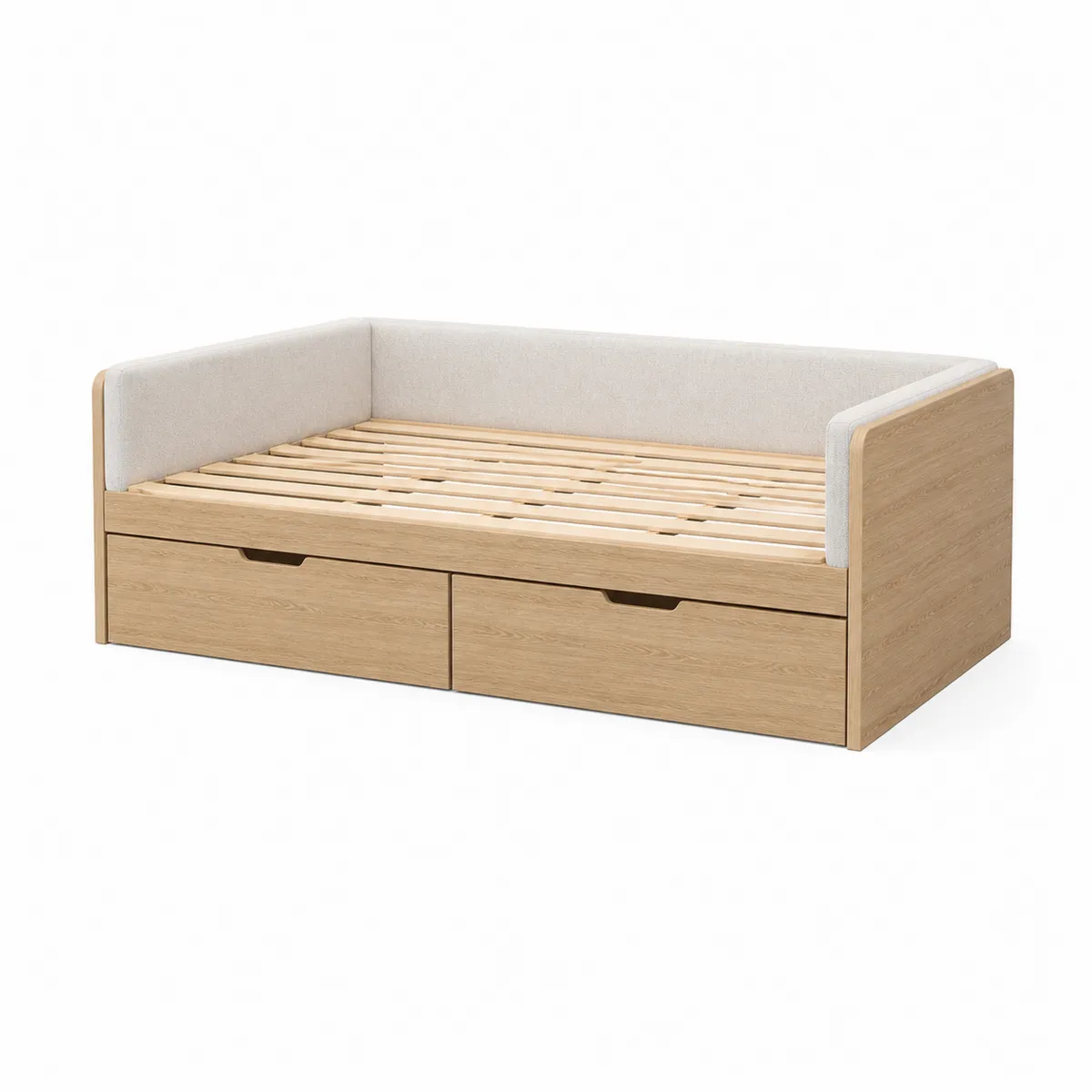Lit d'appoint en bois avec tissu beige et tiroirs de rangement-Classicabodee