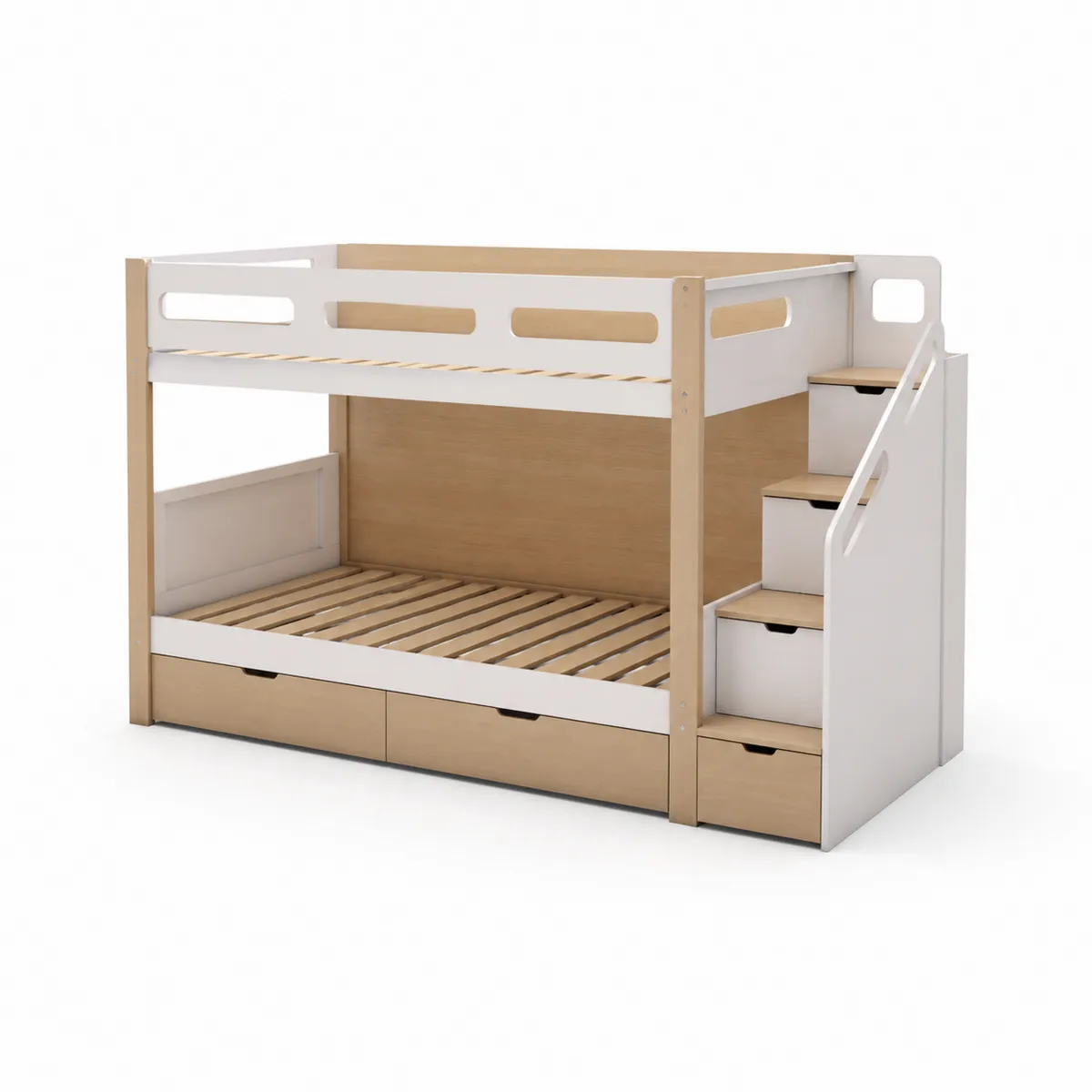 Lit superposé en bois MDF avec escalier et tiroirs Blanc/Chêne-Classicabodee