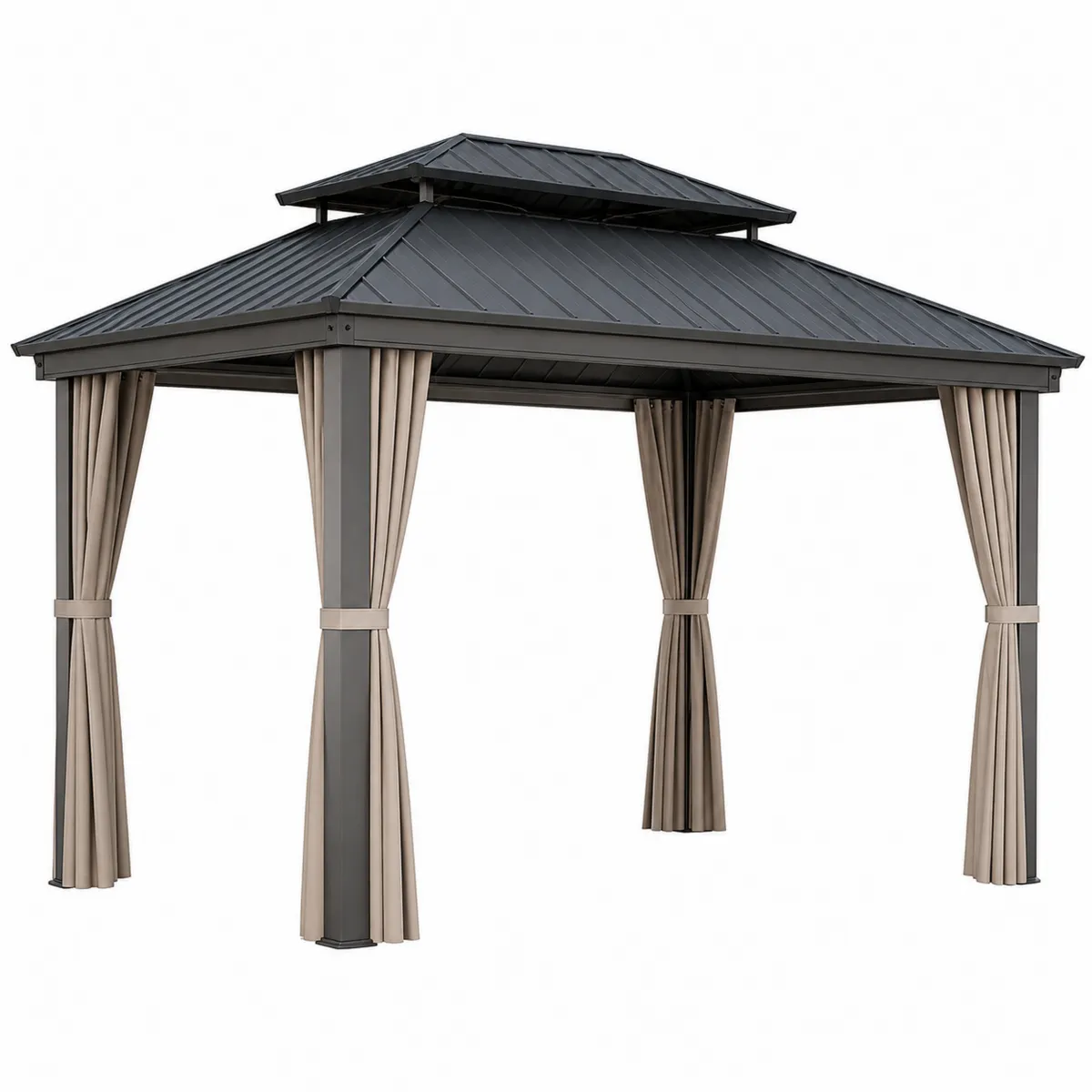 Pavillon de jardin en aluminium avec toit double et rideaux gris/beige 300x400 cm-Classicabodee