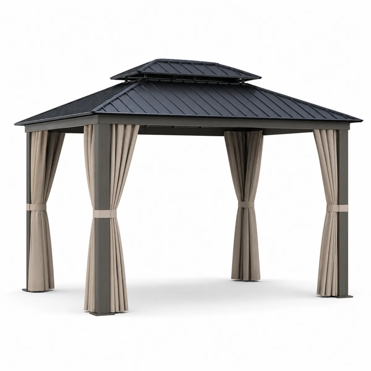 Pavillon de jardin en aluminium avec toit en acier et rideaux en polyester Beige-Classicabodee