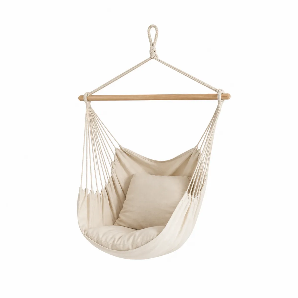 Chaise Hamac en Coton Beige avec Barre en Bois-Classicabodee