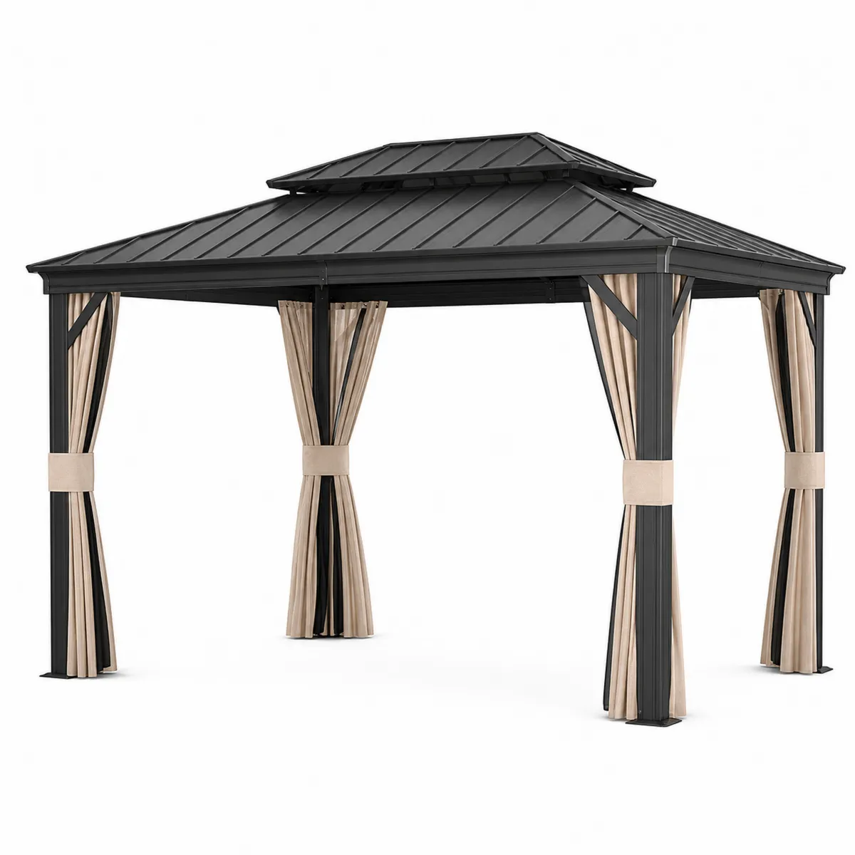 Pavillon de Jardin en Aluminium Noir avec Rideaux en Polyester Beige-Classicabodee
