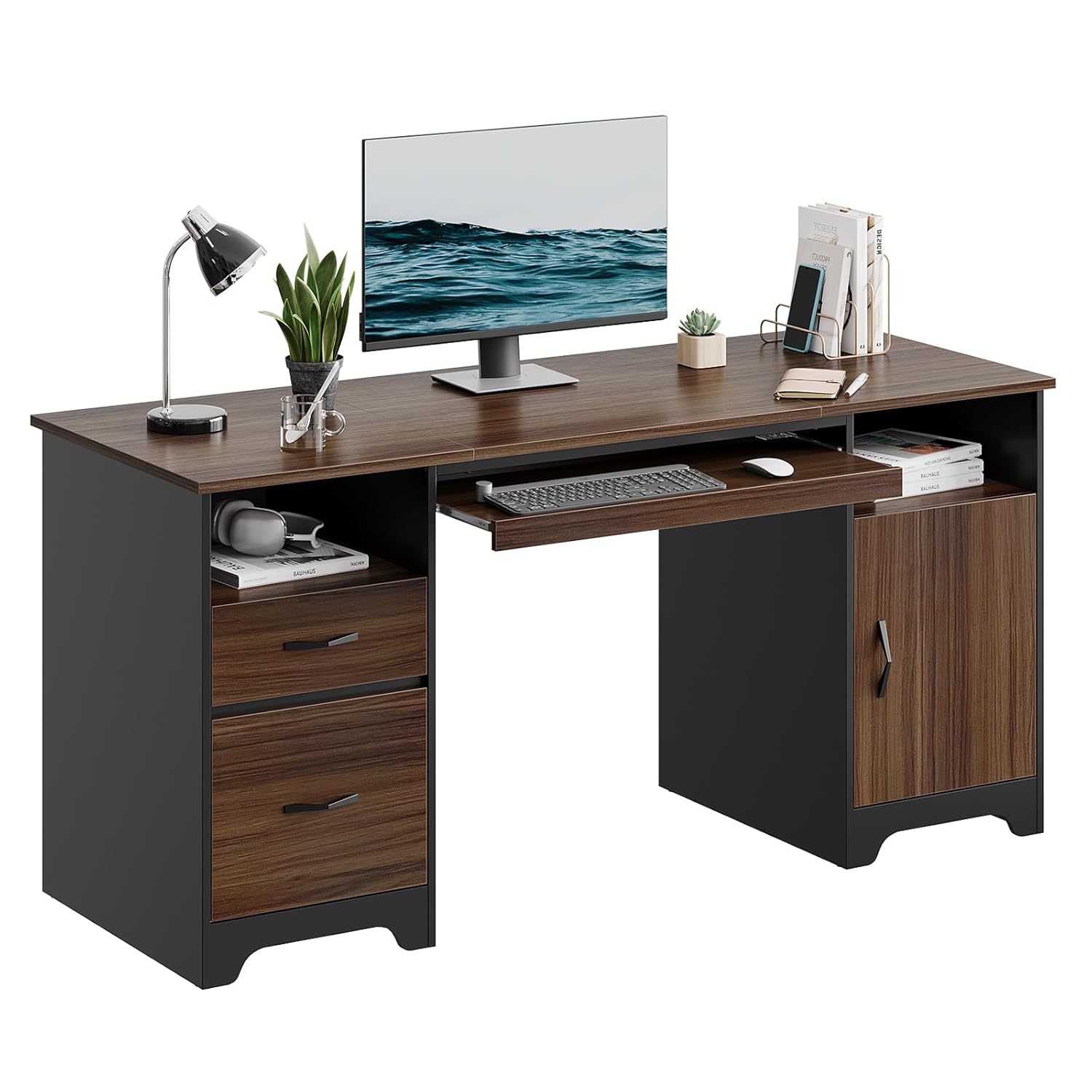 Escritorio ejecutivo industrial de madera de 59 pulgadas con 2 cajones