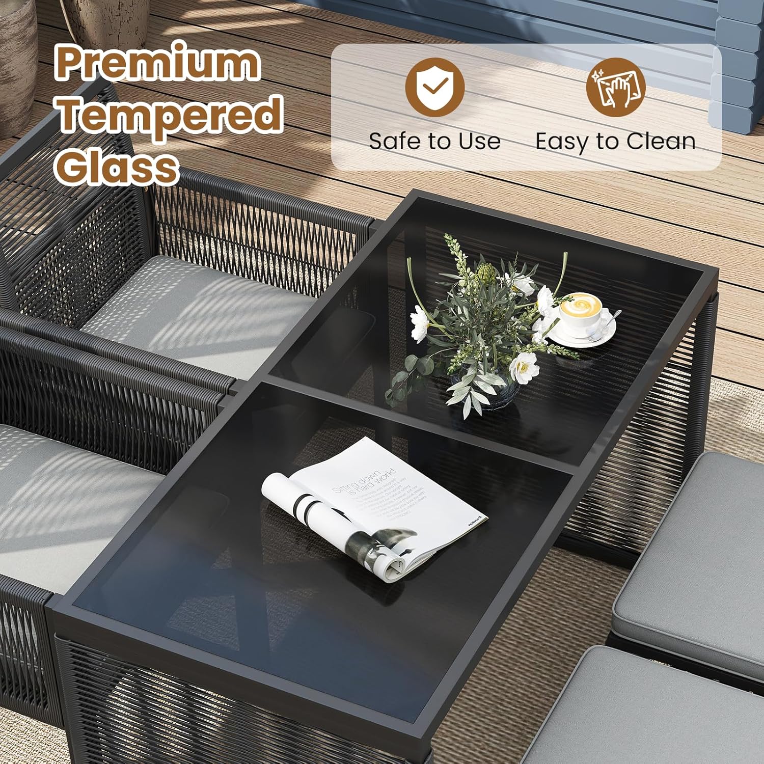 Juego de comedor para patio de 5 piezas de mimbre de polietileno, juego de conversación para exteriores con cojines, silla de ratán para patio que ahorra espacio y asiento de cuero templado.