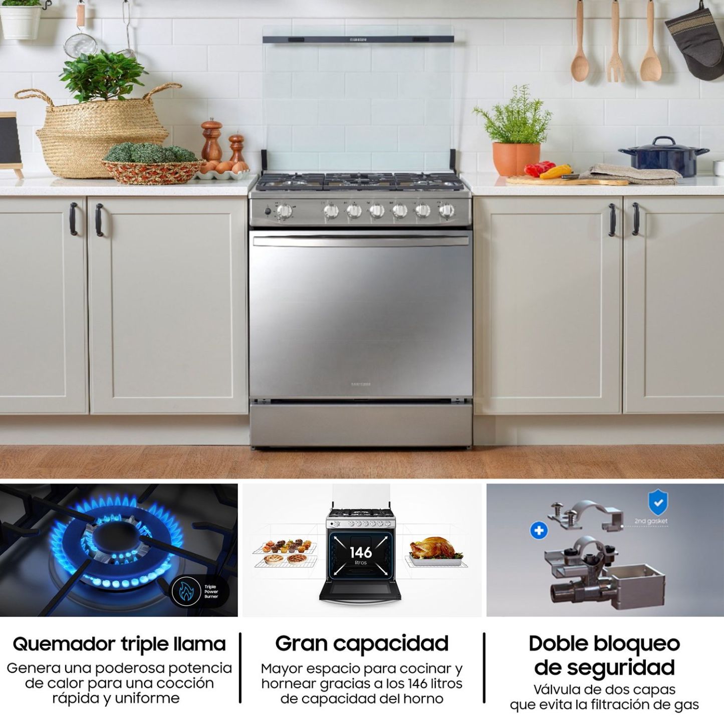 Cocina a Gas , 5 hornillas Mirror Look