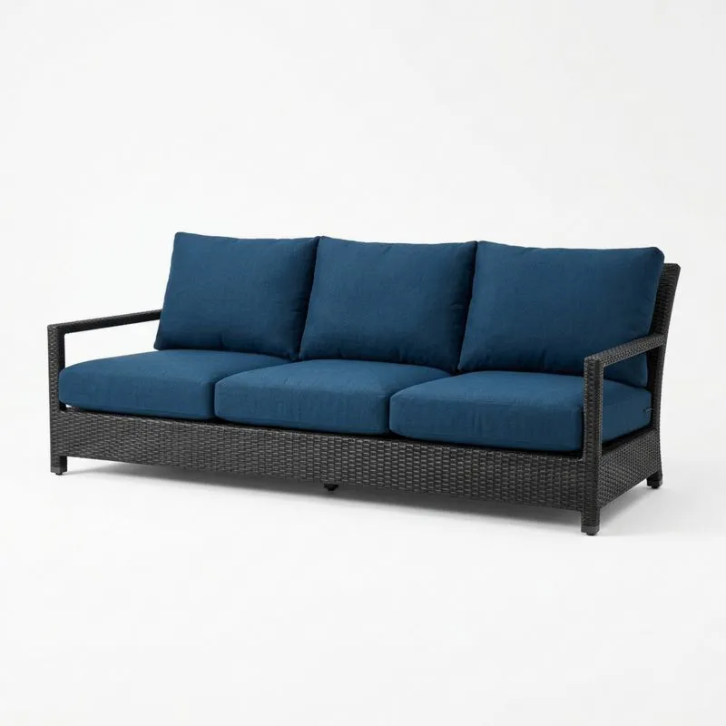 Sofá de Rattan Sintético con Cojines Azules 210cm-seltrivaria