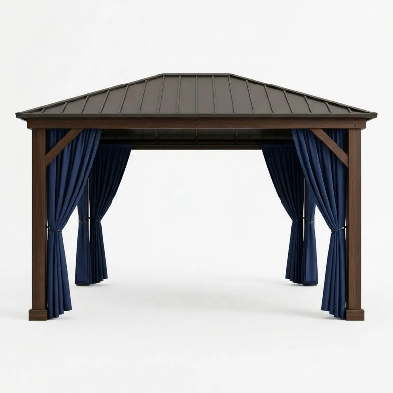 Pérgola de Acero y Madera con Cortinas de Poliéster Azul-seltrivaria