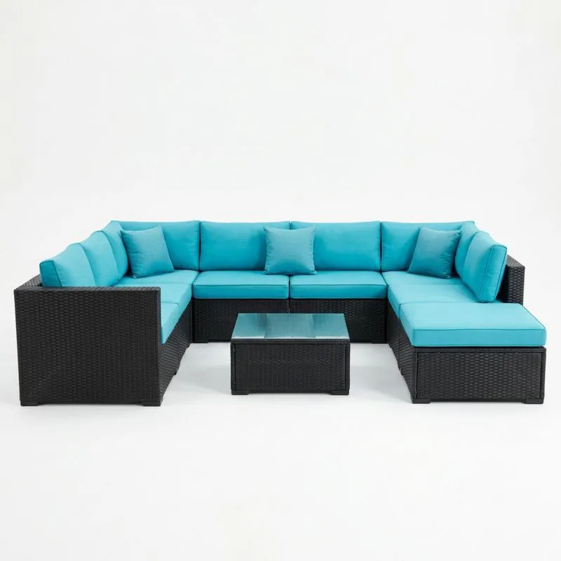 Conjunto de Sofá Seccional de Ratán Sintético Azul/Negro para Exterior-seltrivaria
