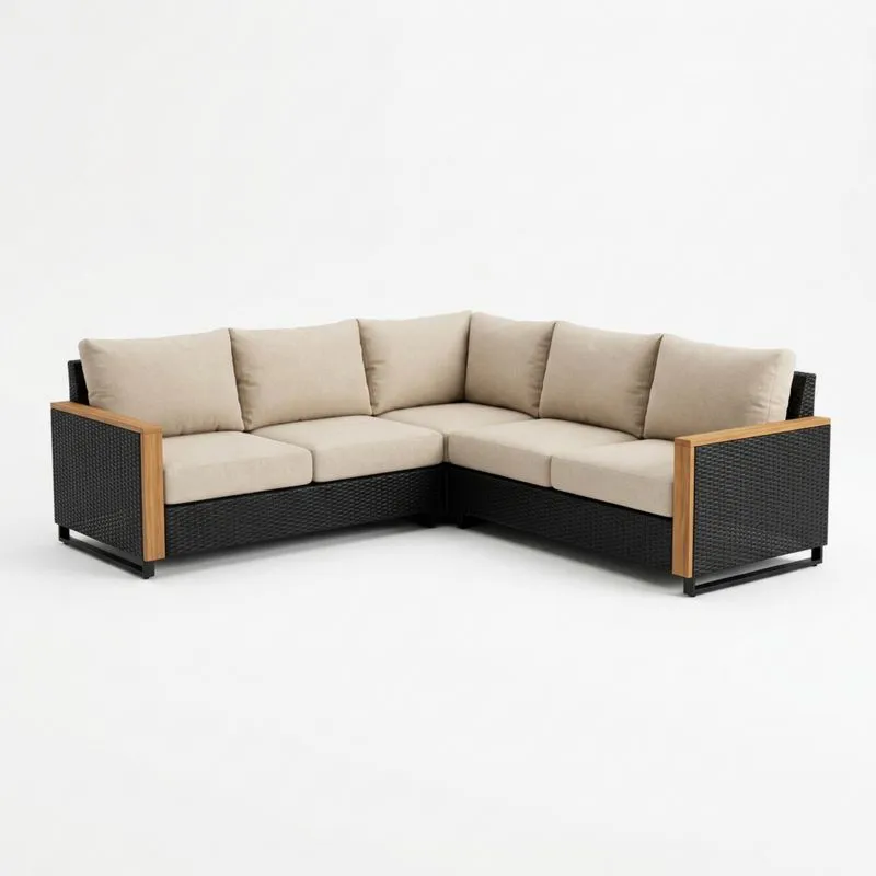 Sofá seccional esquina de mimbre sintético beige y negro-seltrivaria
