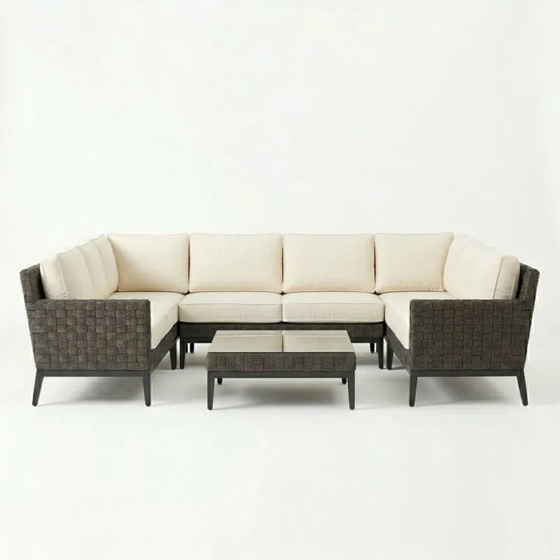 Conjunto de Sofá de Ratán Sintético con Mesa de Vidrio Templado Beige/Negro-seltrivaria