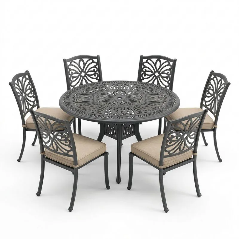 Conjunto de Mesa Redonda de Aluminio con 6 Sillas Cojines Beige-seltrivaria