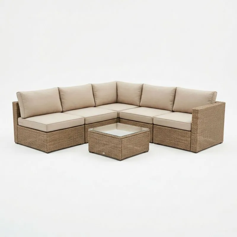 Conjunto Modular Sofá Esquinero de Ratán Sintético y Vidrio Templado Beige-seltrivaria