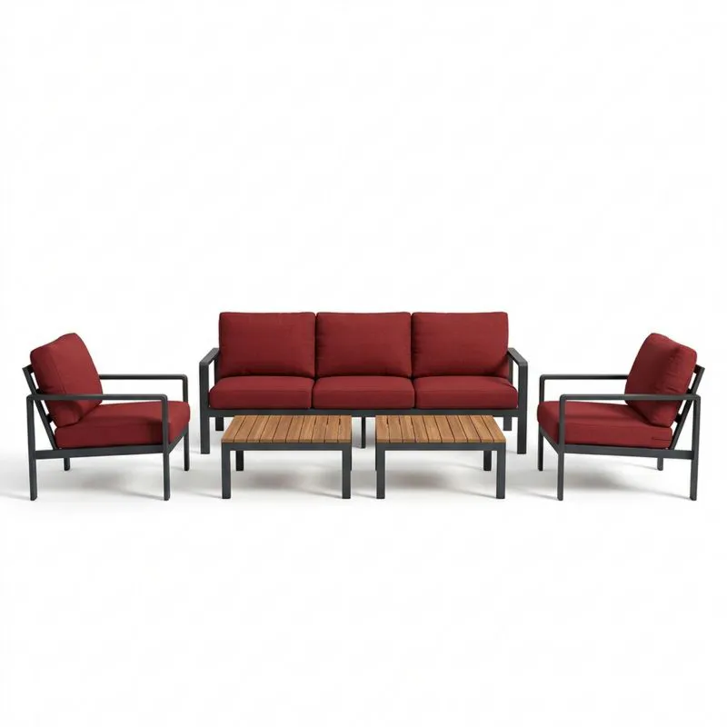 Conjunto de Sofás de Jardín Metálico con Cojines Rojos y Mesas de Madera de Acacia-seltrivaria