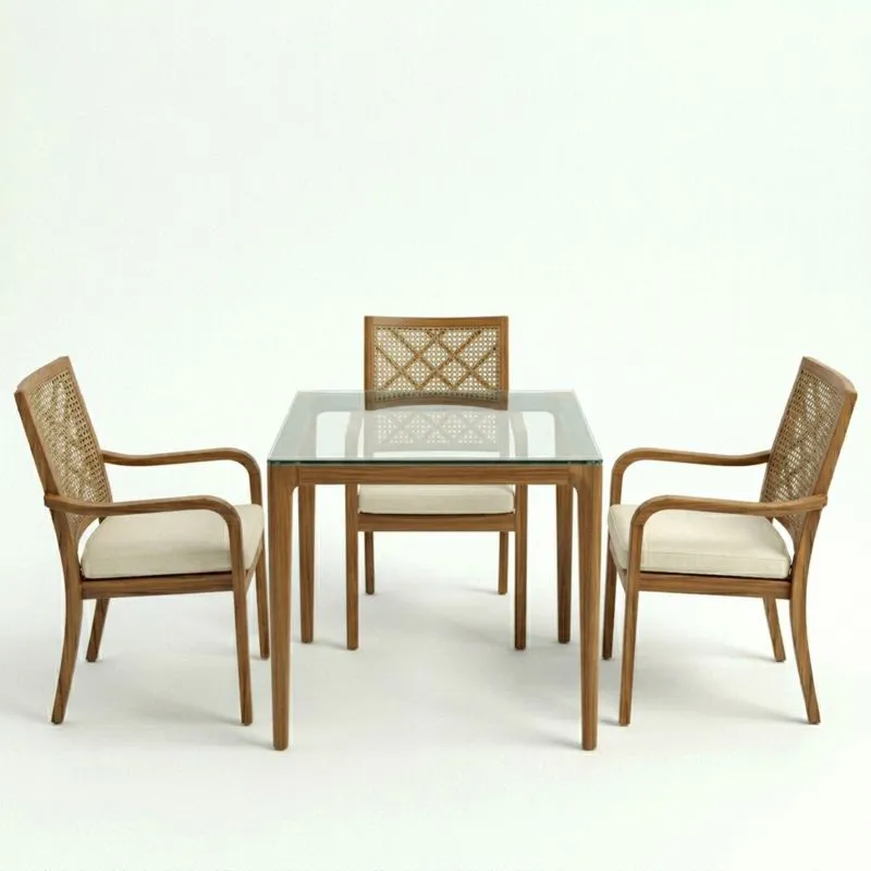 Juego de comedor de vidrio y madera con sillas de ratán y cojines beige-seltrivaria