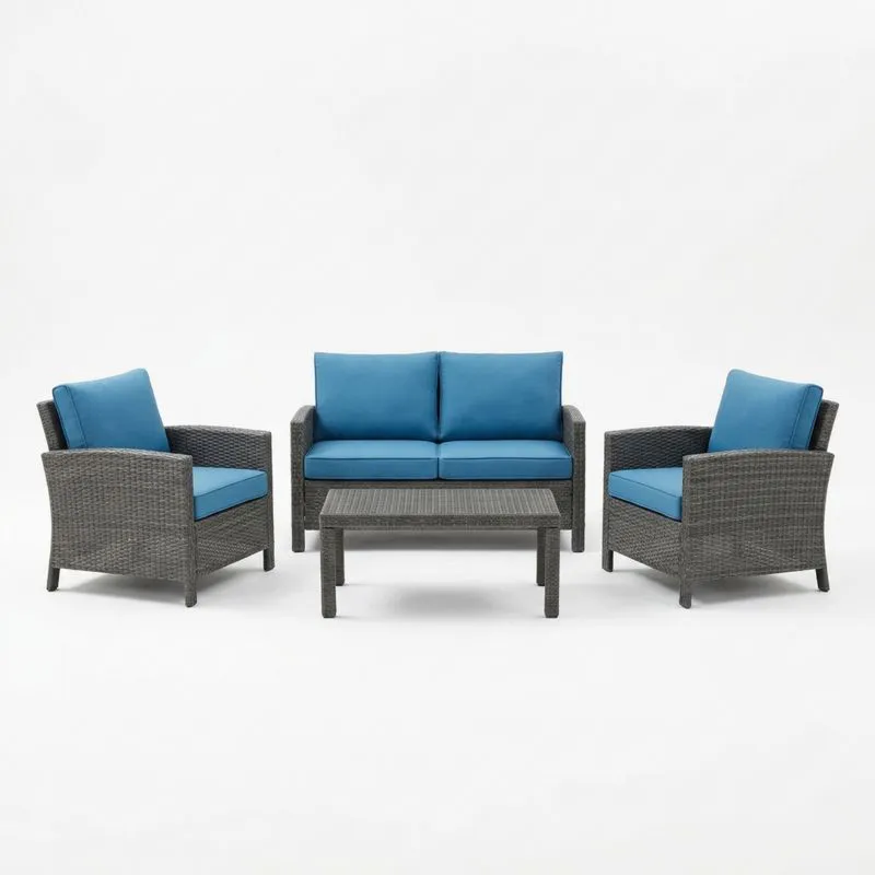 Conjunto de Muebles de Ratán Sintético Gris con Cojines Azules-seltrivaria