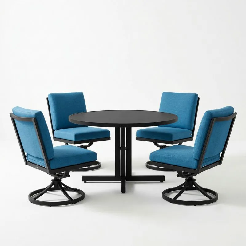 Conjunto de Mesa Redonda de Acero Negro con Sillas Giratorias de Tela Azul-seltrivaria