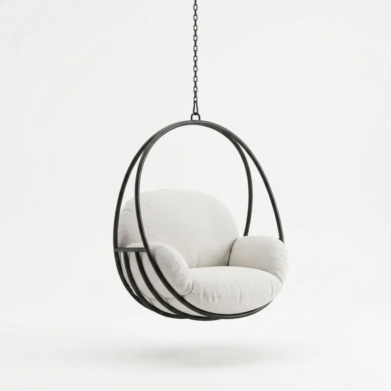 Silla colgante de metal con cojín de tela blanca-seltrivaria