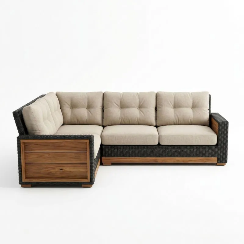 Sofá seccional de ratán y madera en marrón y beige-seltrivaria