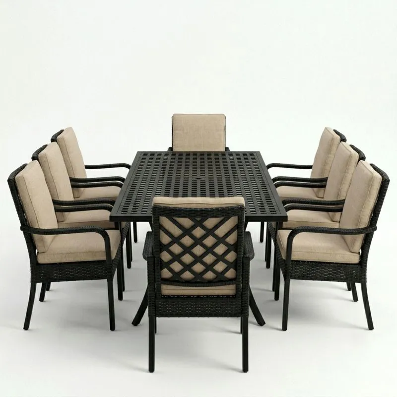 Conjunto de comedor de jardín de aluminio y ratán sintético con cojines beige-seltrivaria