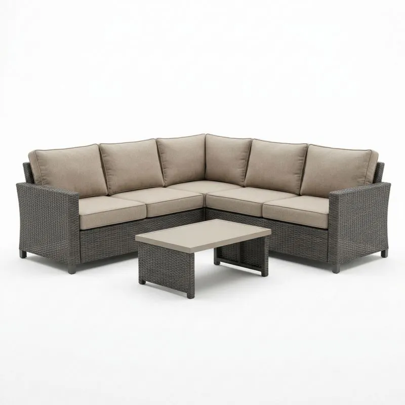 Conjunto de Sofá Esquinero de Ratán Sintético Gris con Cojines Beige y Mesa de Centro-seltrivaria