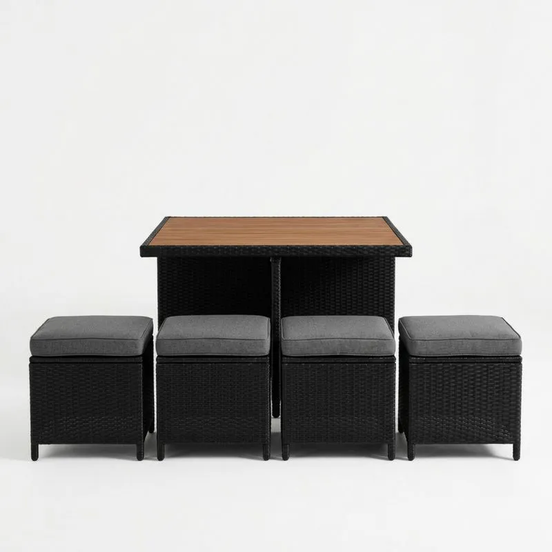 Conjunto de Mesa y Pufs de Ratán Sintético Negro con Cojines Grises-seltrivaria