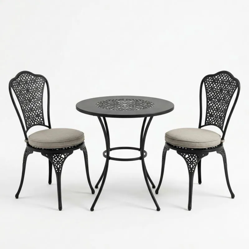 Conjunto de Mesa Redonda y Sillas de Aluminio Negro con Cojín de Tela Gris-seltrivaria