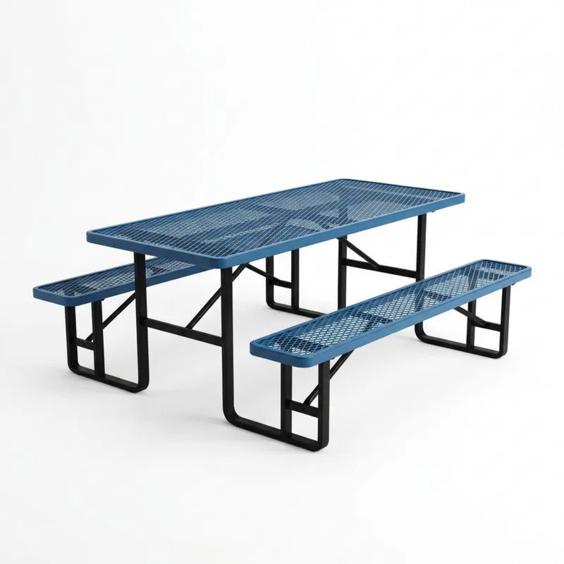 Mesa de metal azul con bancos integrados-seltrivaria