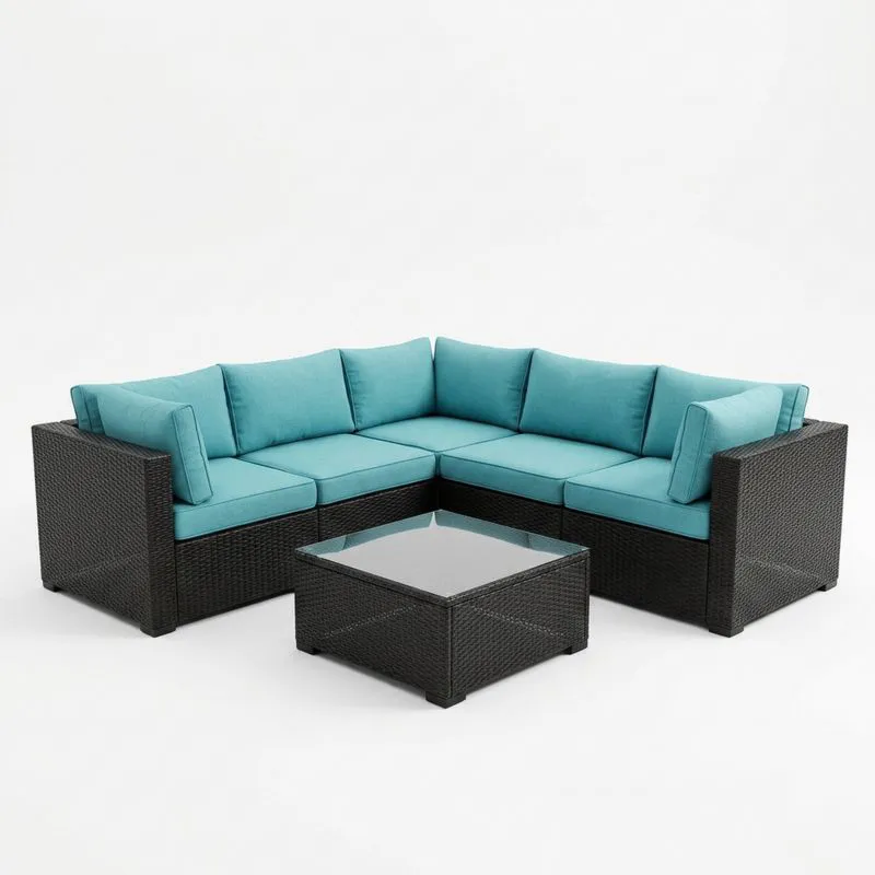 Conjunto de Sofá Esquinero de Ratán Negro con Cojines Turquesa y Mesa de Vidrio Templado-seltrivaria