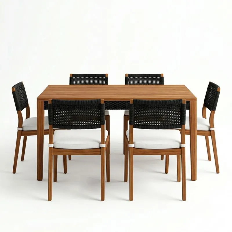 Conjunto de Comedor de 6 Piezas Madera y Cuerda Sintética Negro y Blanco-seltrivaria