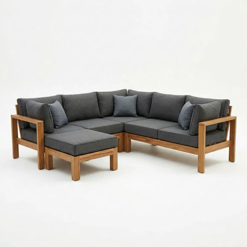 Sofá esquinero de madera de teca y poliéster gris 260cm-seltrivaria