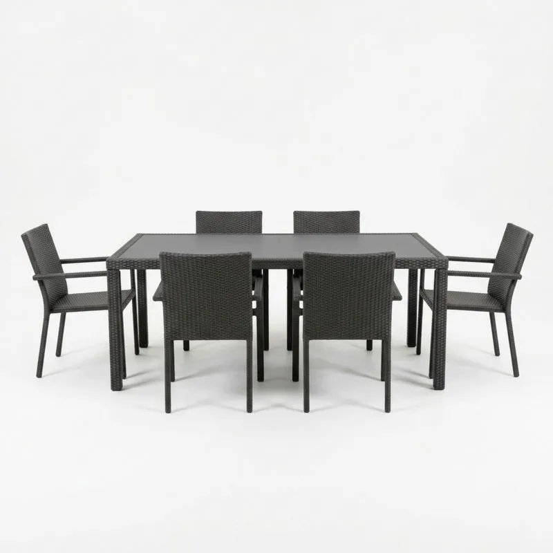 Conjunto de Comedor Exterior 7 Piezas Poliratán Negro Vidrio Templado 5mm-seltrivaria