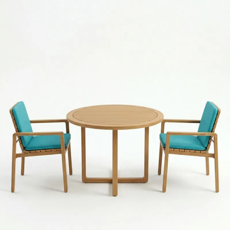Conjunto de Mesa y Sillas de Madera de Teca y Cojines Azules-seltrivaria