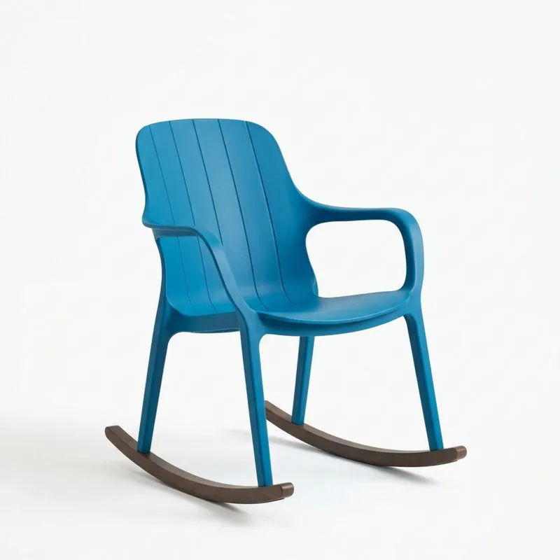 Silla mecedora de plástico azul con patas marrones-seltrivaria