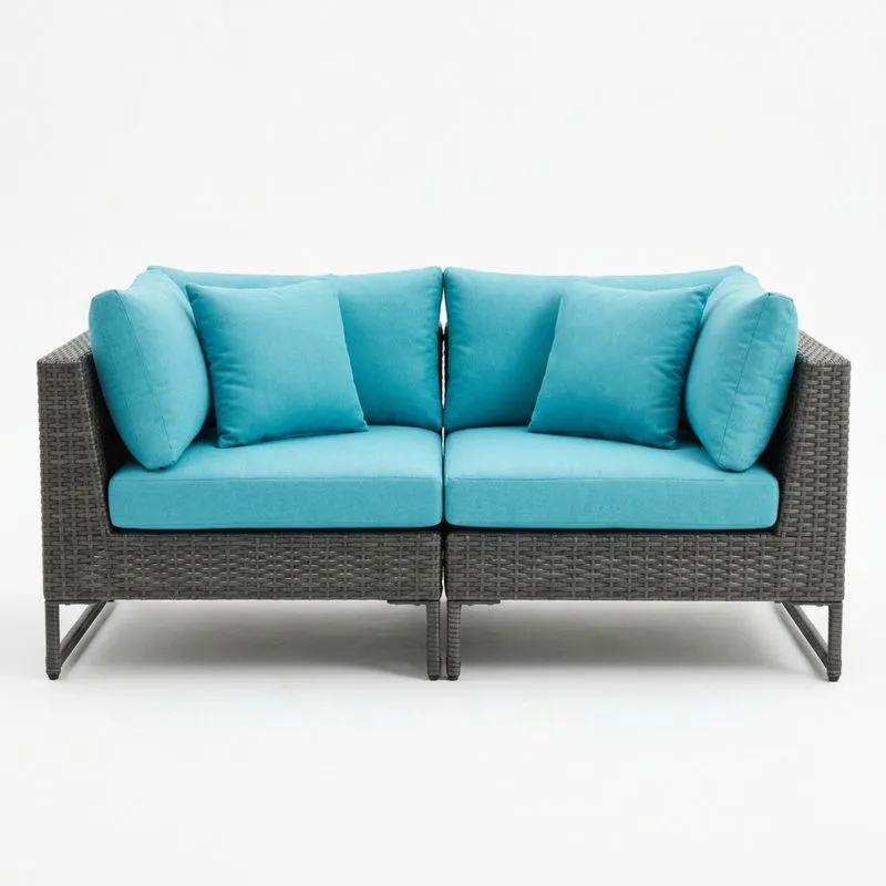 Sofá modular de ratán sintético gris con cojines turquesa-seltrivaria