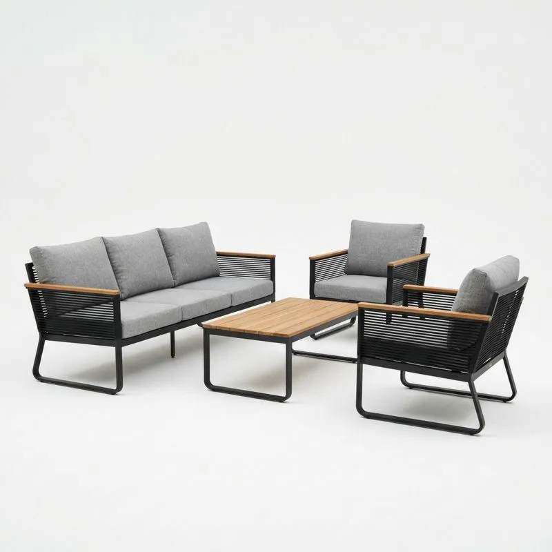 Conjunto de Jardín de Aluminio con Cojines Grises y Mesa de Madera-seltrivaria