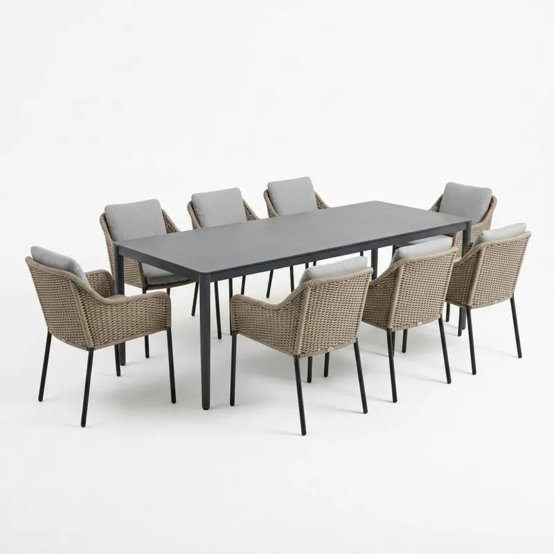 Mesa de comedor rectangular con 8 sillas de metal y ratán-seltrivaria