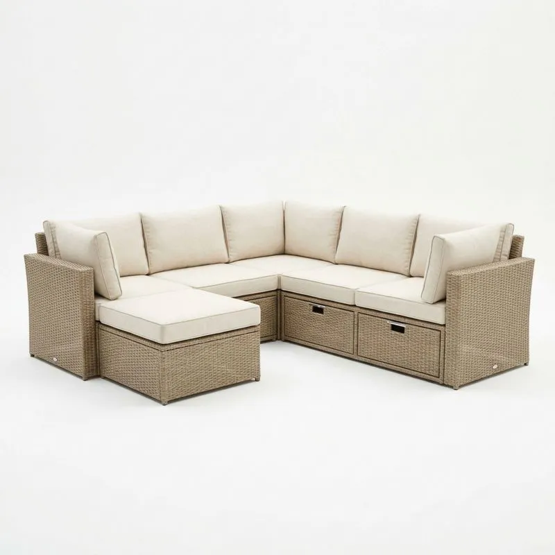 Sofá Modular Esquina Exterior Ratán Beige con Cojines-seltrivaria