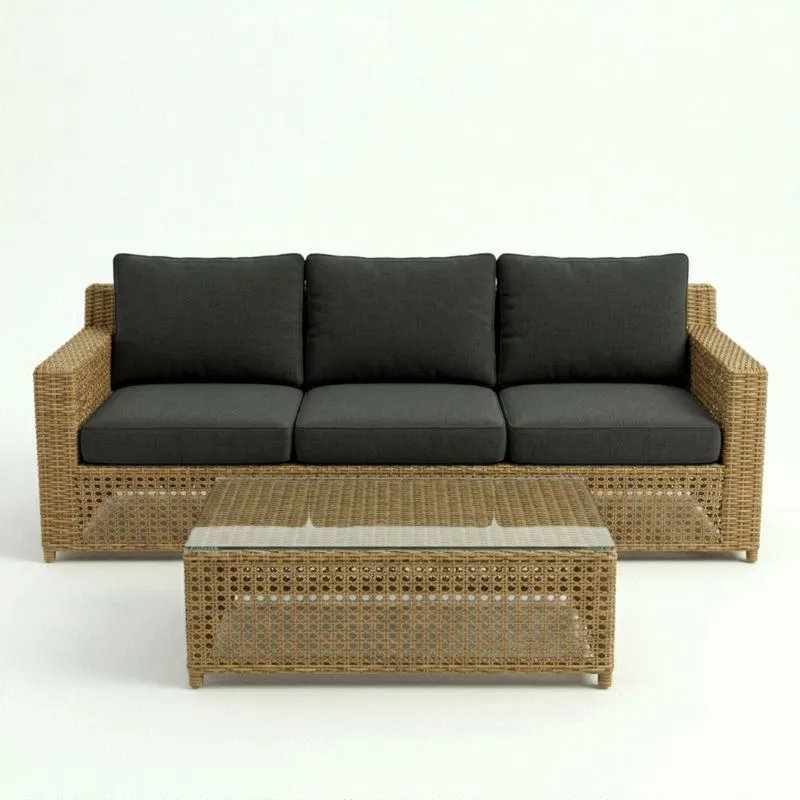 Conjunto de Sofá de Ratán Sintético y Mesa con Vidrio Templado-seltrivaria