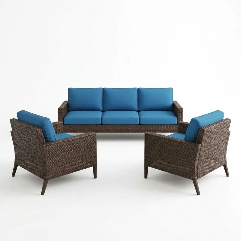 Conjunto de Muebles de Jardín de Ratán Sintético Marrón con Cojines Azules-seltrivaria