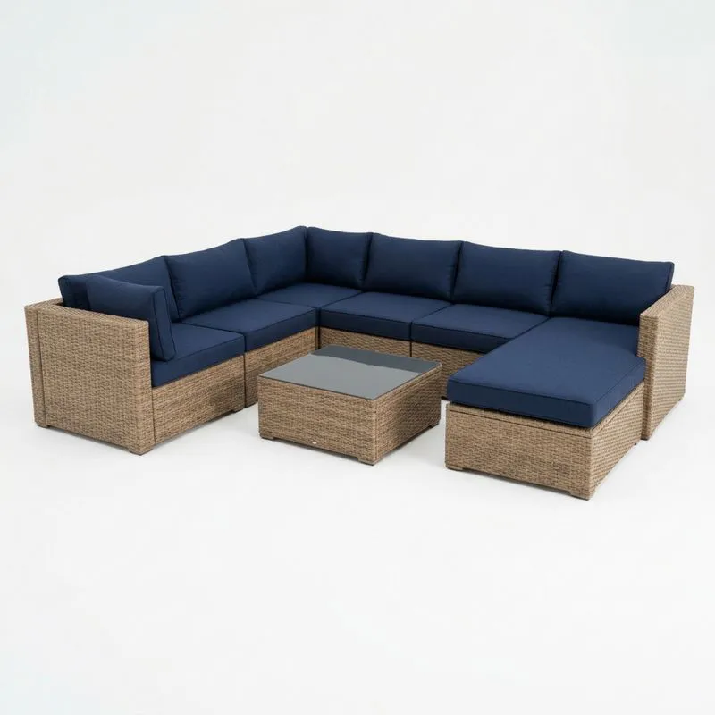 Conjunto de Sofá Esquinero Modular de Ratán Sintético Azul con Mesa de Vidrio Templado-seltrivaria