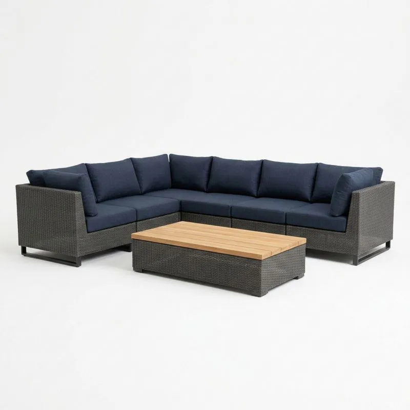 Conjunto de Sofá Seccional de Ratán Gris y Mesa de Teca-seltrivaria